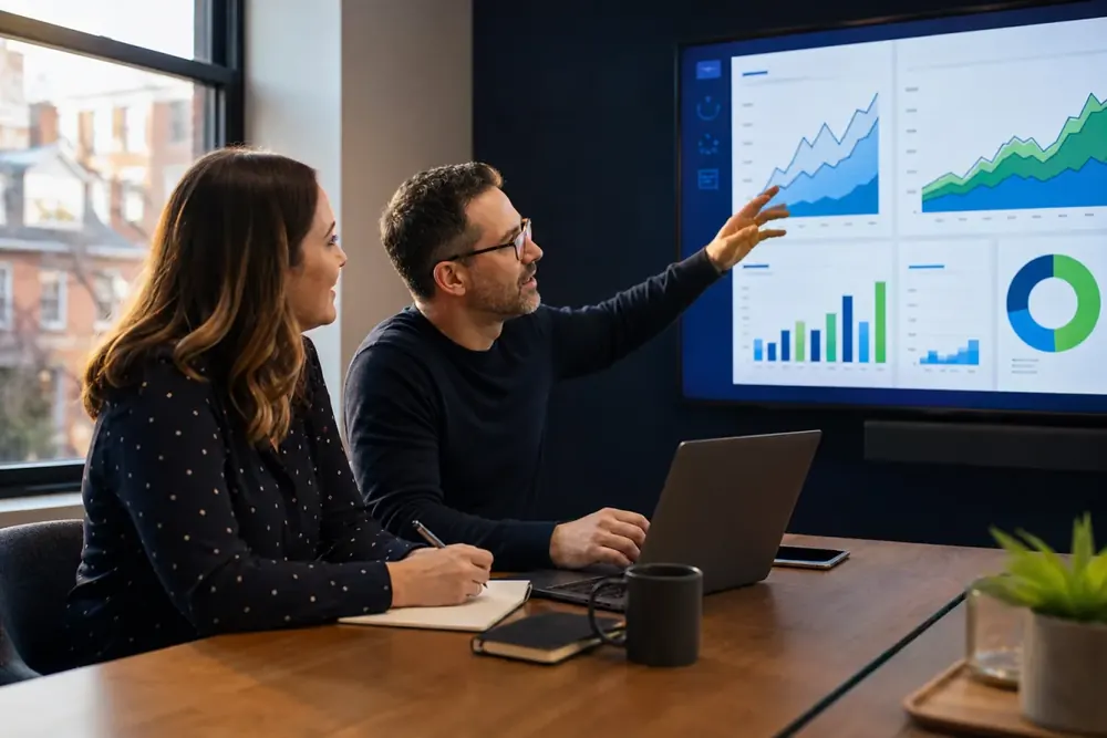 A business owner and strategist reviewing website growth and lead performance